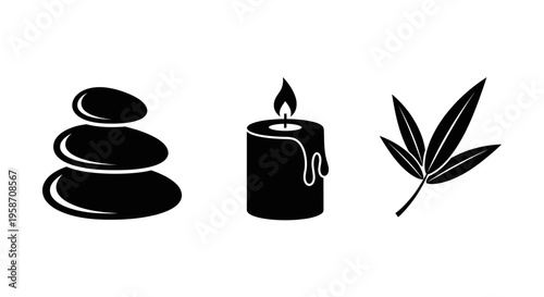 Spa and wellness icon set with stacked stones, lit candle, and natural leaf silhouette on white background