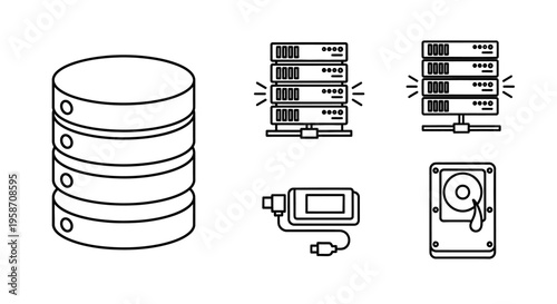 Set of Outline Icons for Data Storage, Server Racks, Hard Drives, and Network Devices in Information Technology