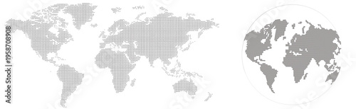 Halftone world map with dot pattern, dotted globe continents graphic, black and white Earth planet, global geography elements, digital simple travel infographics. Vector