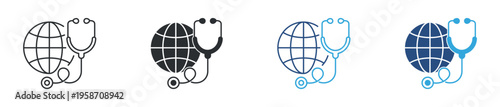 Global healthcare and medical service icon set. World globe with stethoscope, telemedicine and international health concept. Vector illustration.