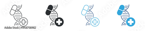 Pharmacogenomics and personalized medicine icon set. DNA, drug response and genetic testing concept. Vector illustration.