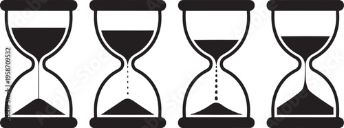 Four black hourglasses with different sand levels on white background sand timer time clock
