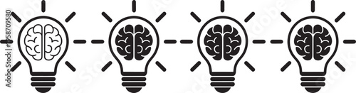 Four black lightbulbs with brain on white background idea inspiration