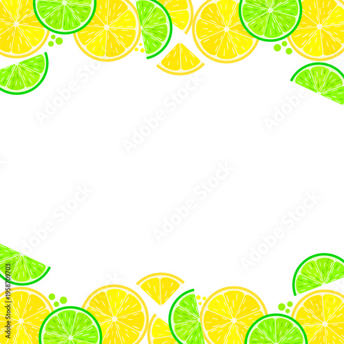 Lemon and lime slices frame on white background, citrus vector border with yellow and green fruits, fresh summer concept for greeting cards, invitations or posters