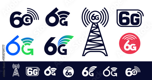 6G sign vector icon collection. Modern wireless network technology symbols with 6G text. Set of communication icons for mobile internet, connectivity, telecom design, apps and digital network concepts