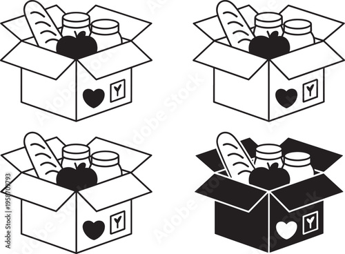 Four open boxes with bread jars and apples
