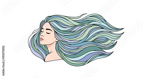 Woman with long flowing hair blowing in the wind on a white background illustration