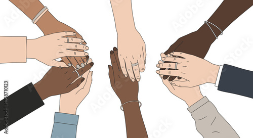 Diverse group of people stacking hands in unity and support on a white background illustration.