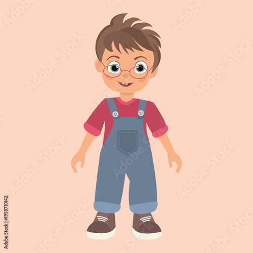 A cheerful cartoon boy with brown hair, glasses, and a red shirt under blue overalls stands against a soft peach background. He is smiling and looking forward.