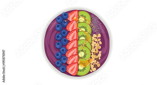 A vibrant bowl of fruit topped with kiwi, strawberries, blueberries, and granola.