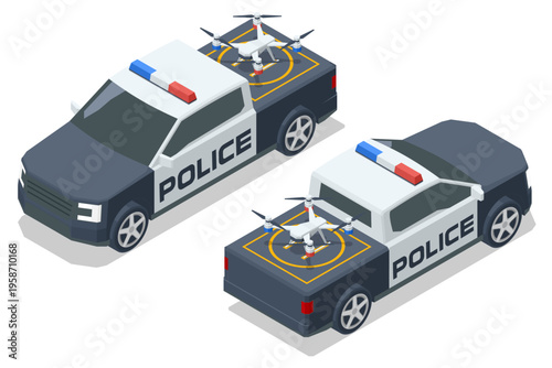 Isometric police pickup vehicles equipped with a rooftop quadcopter landing pad. The transport law enforcement patrol, aerial surveillance, emergency response, public safety, modern police technology