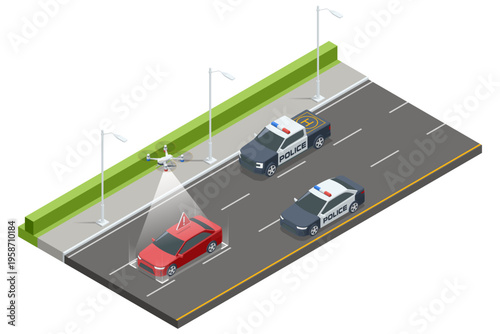 Isometric police vehicles using a quadcopter to monitor stopped car on multi lane road Aerial traffic enforcement, roadside inspection, law enforcement surveillance, safety control, incident response