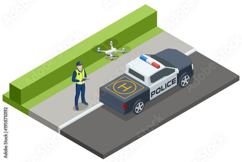 Isometric police officer operating a quadcopter beside a patrol pickup on a roadside. Law enforcement surveillance, drone deployment, emergency monitoring, traffic control and public safety support
