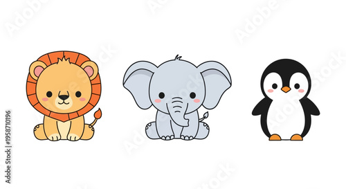 Cute cartoon lion, elephant, and penguin illustrations for kids' educational materials indoors