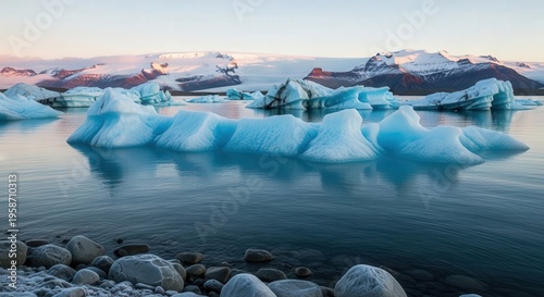 Serene Arctic Lake Scene with Floating Icebergs and Calm Waters at Sunset