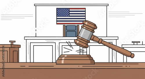 Judge's gavel hitting sound block in courtroom with american flag symbolizing justice and law