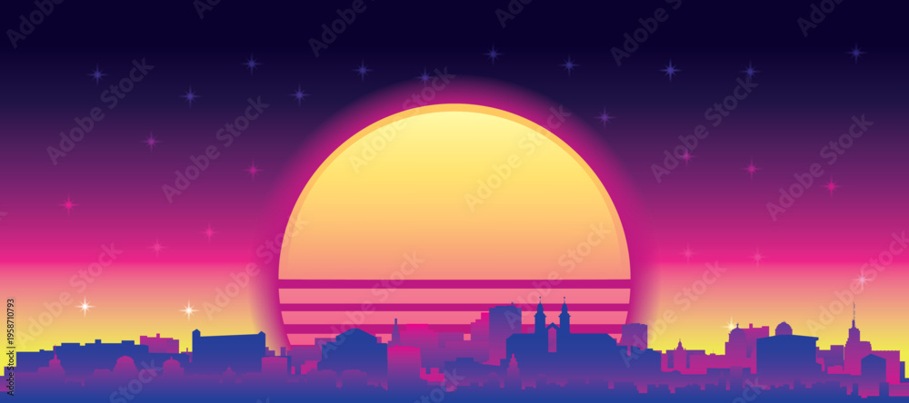 Obraz premium Purple generic retro futuristic synthwave panoramic poster of the city skyline with misty background sunset buildings of MUNICH, GERMANY