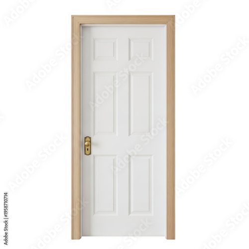 A white wooden door with a gold handle