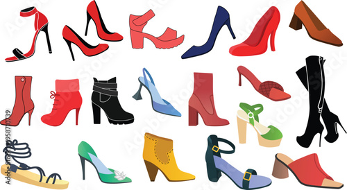 Stylish collection of women’s shoes in modern flat vector style. Includes heels, boots, sandals, and casual footwear. Ideal for fashion, eCommerce, and branding designs.