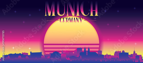 Purple generic retro futuristic synthwave panoramic poster of the city skyline with misty background sunset buildings of MUNICH, GERMANY