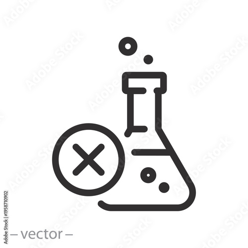 No chemical icon, flask with cross, chemical free symbol, no artificial preservatives, editable outline illustration
