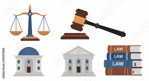 Law and justice symbols with scales gavel courthouse and law books on white background