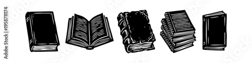 Hand drawn vintage book icons set with open book, stack of books and antique leather bound book. Woodcut engraving style vector illustration