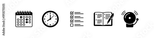 Time management and planning icons set featuring calendar, clock, checklist, notebook and alarm bell. Flat vector illustration