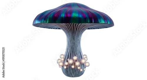 A unique iridescent mushroom-shaped lamp with pearl accents on a white background