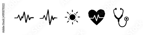 Medical healthcare icons with heartbeat pulse, heart rhythm and stethoscope