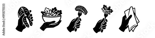 Hand, Fish and Bowl Monochrome Icon Set. High quality stock illustration with clear subject focus, cohesive composition, and versatile commercial applicability across branding, editorial, and digital.