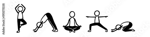 Yoga poses and wellness icons set for fitness, meditation and health