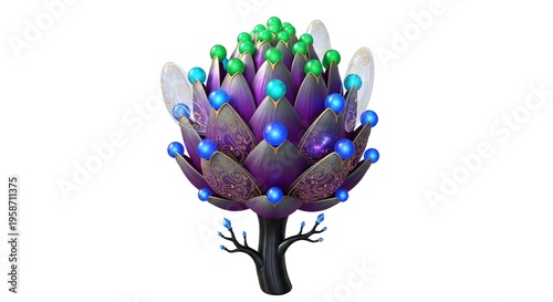 A futuristic purple flower with blue and green lights on a white background