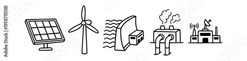 Doodle power plant and energy production icons set featuring nuclear power plant, solar panels, and cooling towers.