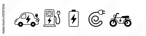 Electric vehicle and green energy icons featuring EV car, charging and battery