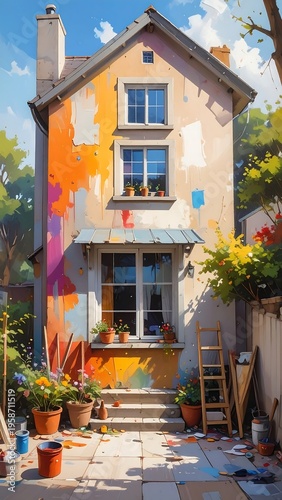 Tall building with bright colors smeared on the side, surrounded by flowers and plants