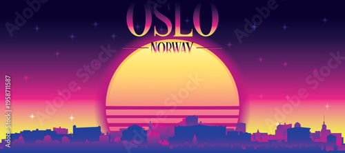 Purple generic retro futuristic synthwave panoramic poster of the city skyline with misty background sunset buildings of OSLO, NORWAY