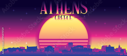 Purple generic retro futuristic synthwave panoramic poster of the city skyline with misty background sunset buildings of ATHENS, GREECE