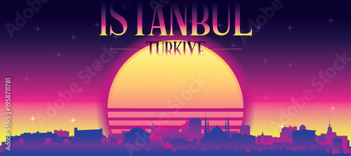 Purple generic retro futuristic synthwave panoramic poster of the city skyline with misty background sunset buildings of ISTANBUL, TURKEY