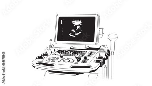 Medical Ultrasound Machine with Display Screen and Control Panel for Diagnostic Imaging.