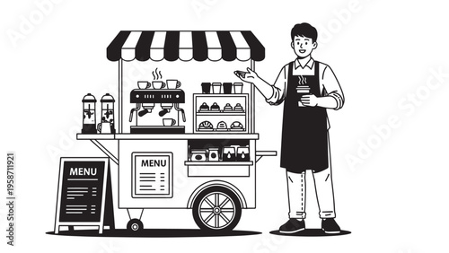 Black and White Illustration of a Food Cart Vendor Selling Snacks and Beverages.