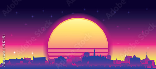 Purple generic retro futuristic synthwave panoramic poster of the city skyline with misty background sunset buildings of VIENNA, AUSTRIA
