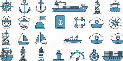 Nautical Blue Icon Set, Anchor Lighthouse Cargo Ship Sailor Captain Passport, Maritime Sailing Equipment, Ocean Sea Vector Illustration Collection