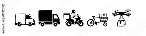 Van, Truck and Motorcycle Monochrome Icon Set. High quality stock illustration with clear subject focus, cohesive composition, and versatile commercial applicability across branding, editorial.