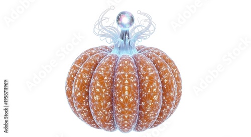 A decorative beaded pumpkin with a sparkling stem on a white background