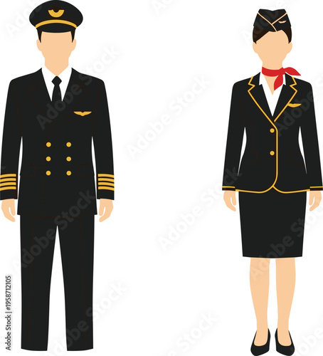 Airline pilot and flight attendant in uniform, representing aviation industry, air travel service, professional crew, and commercial airline workforce concept