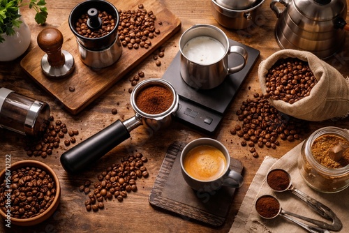 Coffee Beans and Espresso Preparation Station