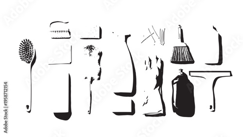 Minimalist Black and White Bathroom Scene with Various Toiletries and Accessories.