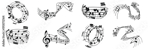 Black music notes wave. Flowing musical staff lines with notes, clefs and melody rhythm dynamic patterns, spiral and wavy shapes. Elegant gold compositions for musical posters. Vector isolated set.