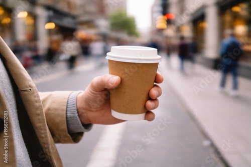 Hand holding takeaway coffee cup strolling through vibrant urban street